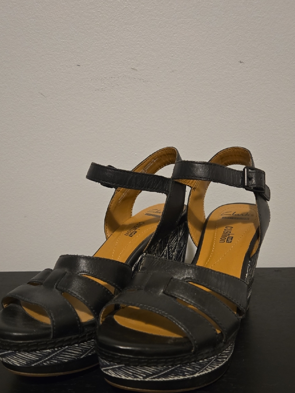 Clarks Black Leather Ankle-Strap Wedge Sandals